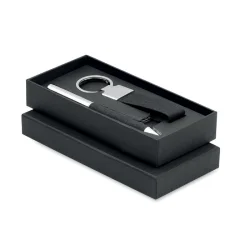 Photo de Coffret cadeau stylo bille et porte-clés en polyester PET recyclé